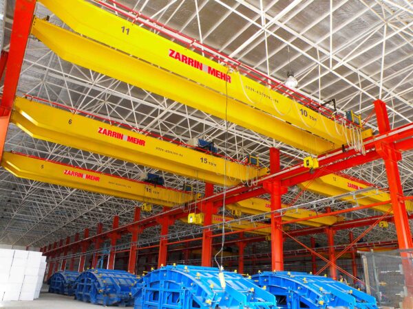 Zarrin Mehr Double Girder Overhead Crane demonstrating heavy-duty lifting and material handling capabilities in an industrial setting, similar to gantry crane and electric hoist solutions.