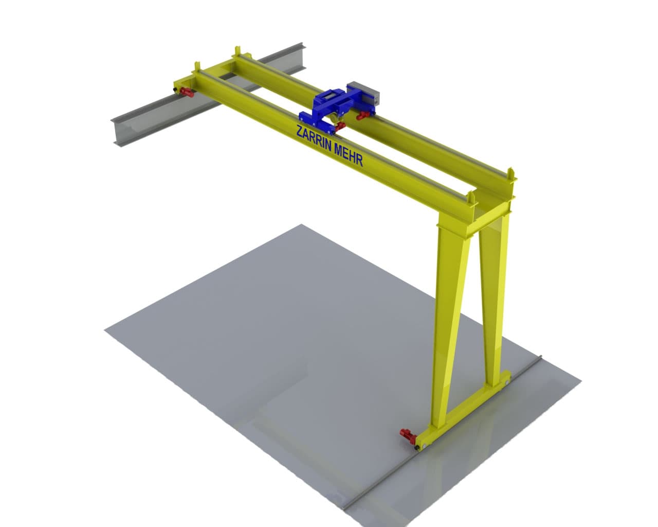 3D model of ZARRIN MEHR's Double Girder Semi-Gantry Crane, designed for heavy-duty material handling in various industrial settings.