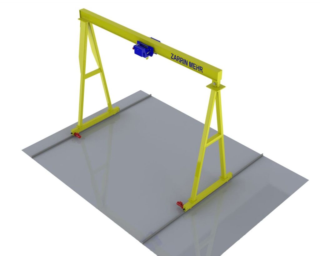3D model of ZARRIN MEHR's Single Girder Gantry Crane, designed for lighter loads in outdoor industrial settings.