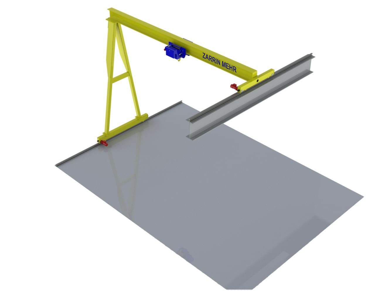 3D model of ZARRIN MEHR's Single Girder Semi-Gantry Crane, optimized for lighter loads in mixed indoor/outdoor industrial settings.